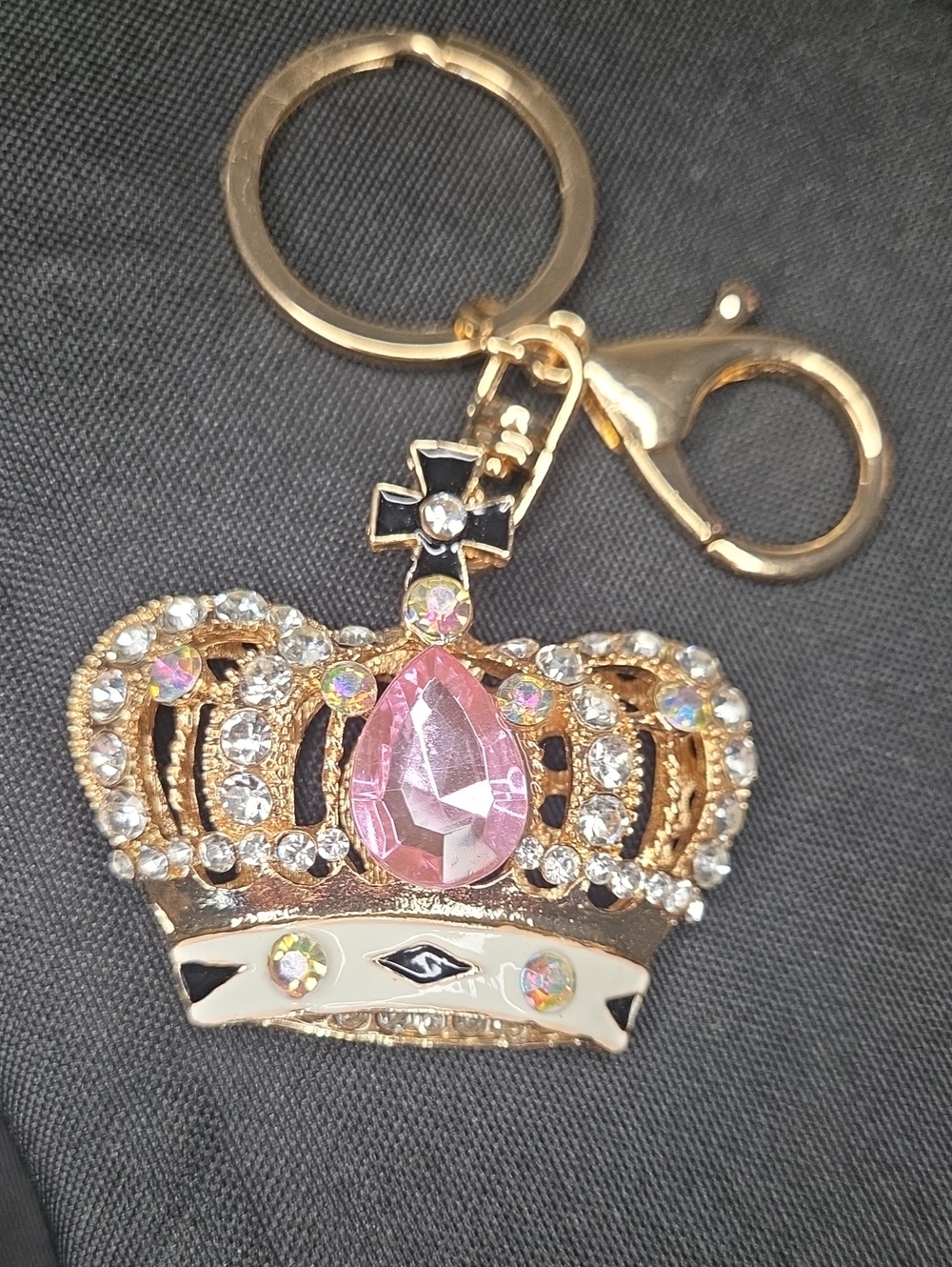 Hey Queen! Gold Crown Keychain with Pink Gem and crystals.